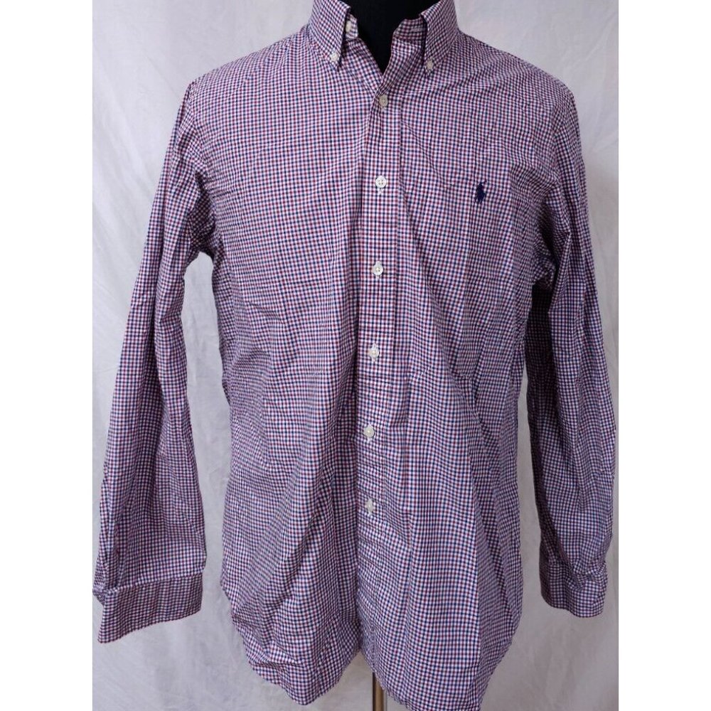Ralph Lauren Mens Large Red Blue Stripe Check Long Sleeve Embroidered Logo Shirt